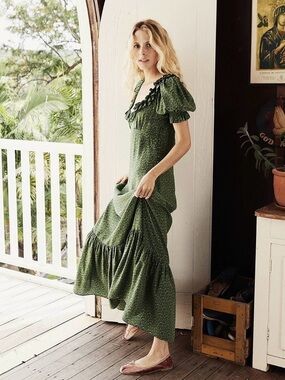 Doen Olive Dress Green Martha's Garden Floral‎ Silk Maxi Size XS